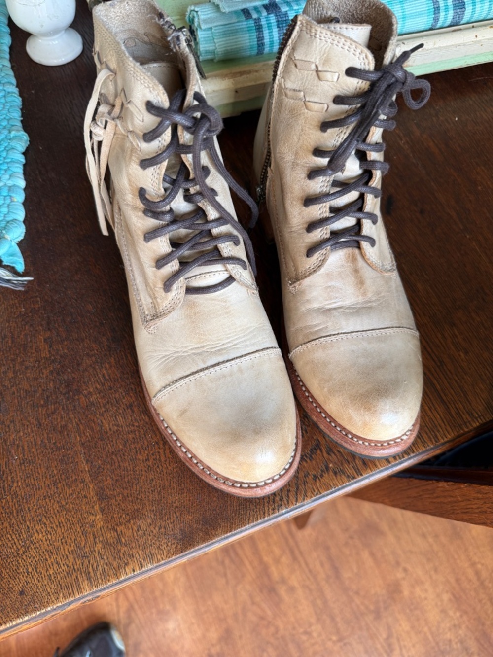 BED|STU Beige Leather Lace-Up Ankle Boots